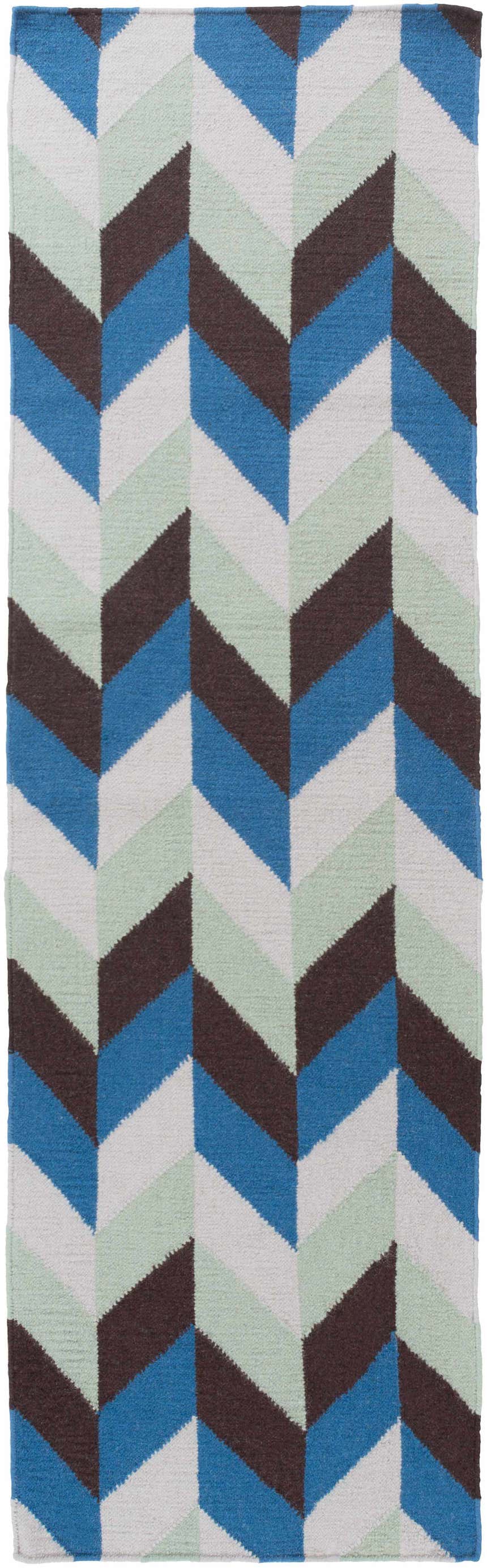 Close-up of the hand woven Curtin Carpet. Features a contemporary chevron pattern in blue, navy, sage, and white wool. Design-Runner-268