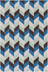 Hand woven Curtin Carpet with a contemporary chevron pattern in blue, navy, sage, and white wool. Design-Rectangle-58