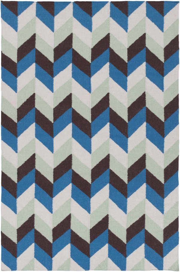 Hand woven Curtin Carpet with a contemporary chevron pattern in blue, navy, sage, and white wool. Design-Rectangle-58