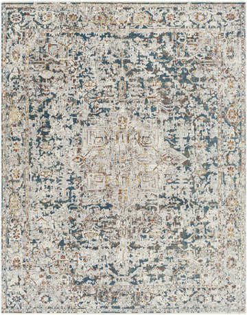 Close-up of the Cuckfield Textured Luxury Rug. Features a distressed traditional pattern in blue, ivory, and brown tones. Design-Rectangle-71010