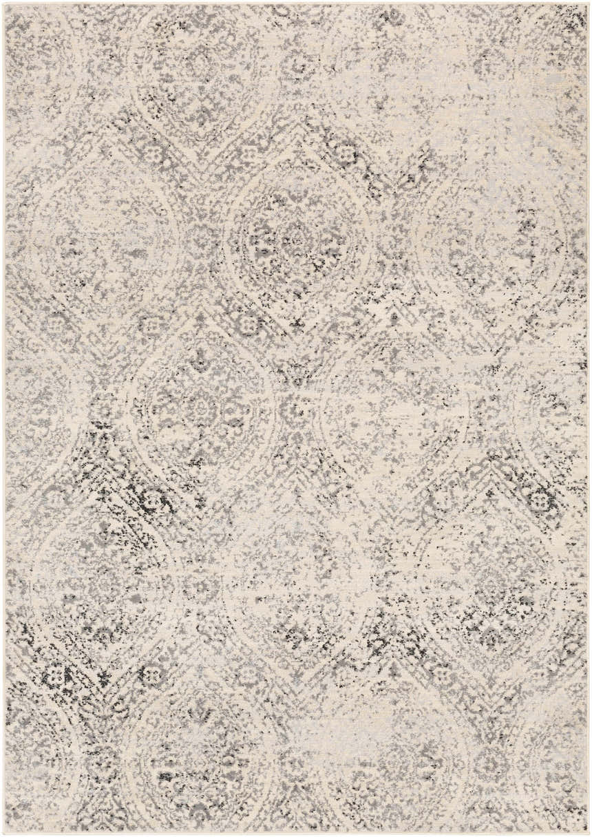 Close-up of the Cundiff Area Rug, a machine-woven rug in beige, cream, gray, and black with a traditional, distressed medallion pattern. Design-Rectangle-5373