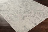 Close-up of the beige and gray Cundiff Area Rug showing its traditional pattern and texture on dark wood flooring. Corner