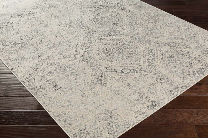 Close-up of the beige and gray Cundiff Area Rug showing its traditional pattern and texture on dark wood flooring. Corner