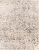Close-up of the Cundiff Area Rug, a beige rug with a traditional gray and black medallion pattern. Design-Rectangle-71010