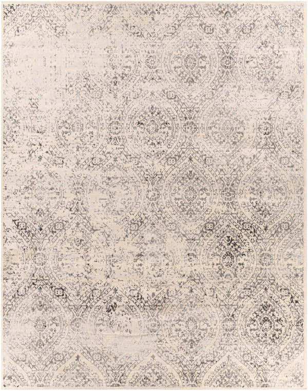 Close-up of the Cundiff Area Rug, a beige rug with a traditional gray and black medallion pattern. Design-Rectangle-71010