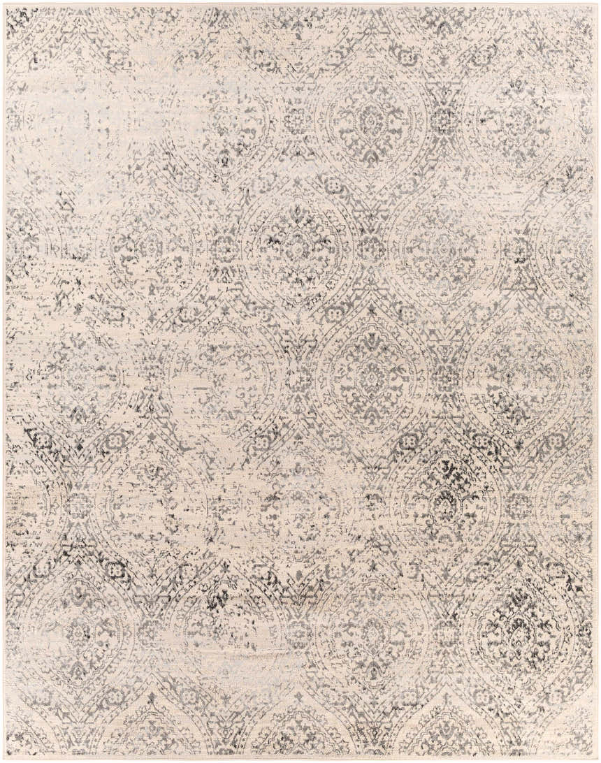 Close-up of the Cundiff Area Rug, a beige rug with a traditional gray and black medallion pattern. Design-Rectangle-71010