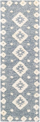 Close-up of the Curllsville Area Rug. Cream diamond and floral pattern on a navy, hand-tufted wool rug. Design-Runner-268