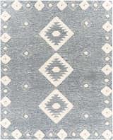Close-up of the Curllsville Area Rug. Navy rug with cream diamond pattern and wool texture. Farmhouse style. Design-Rectangle-810