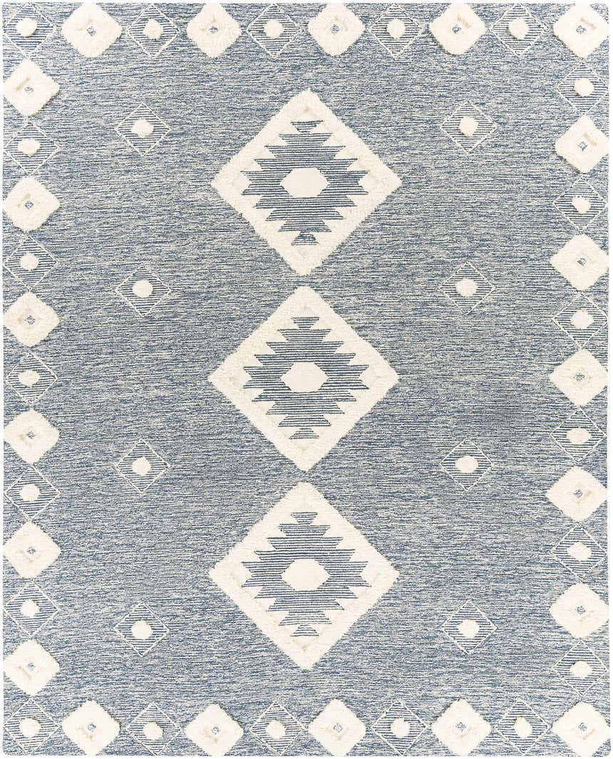 Close-up of the Curllsville Area Rug. Navy rug with cream diamond pattern and wool texture. Farmhouse style. Design-Rectangle-810