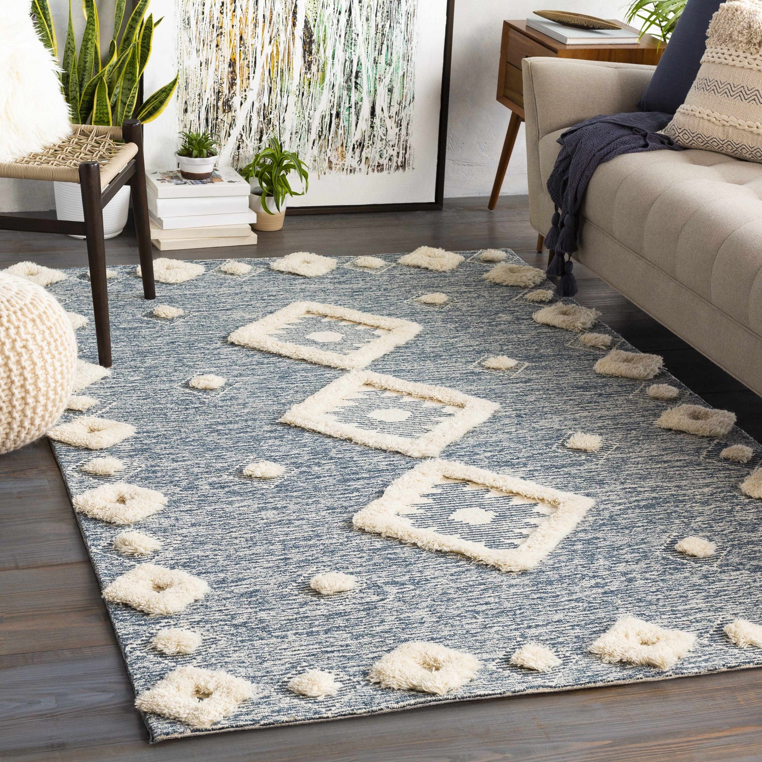 Living room scene with a Curllsville Area Rug. Cream and navy rug with farmhouse style. Roomscene-Rectangle