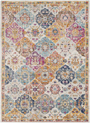 Detailed view of the Custar Colorful Area Rug with a bohemian-inspired, vintage floral pattern in burgundy, teal, and orange hues. Design-Rectangle-5373