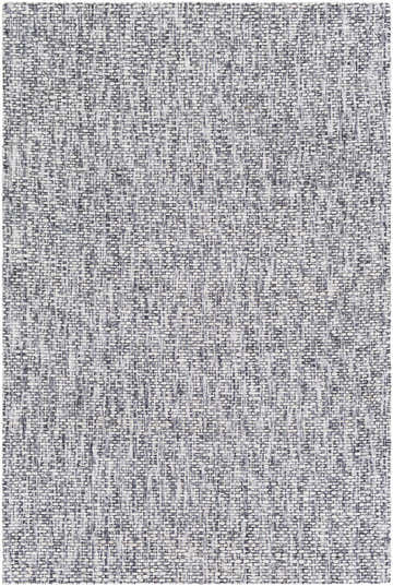 Close-up of textured Cushendall Premium Rug. Hand-loomed weave in dark blue, off white, pale blue, and teal polyester. Design-Rectangle-576