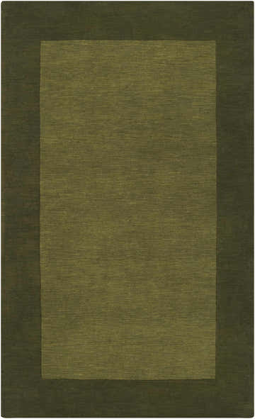 Close-up of a Bordered Solid Olive Green Wool Rug featuring a hand-loomed, two-tone olive design. Design-Rectangle-58