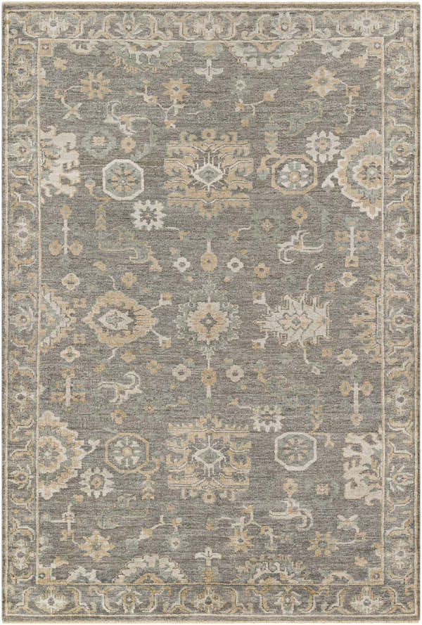 Detailed view of the Dallas Area Rug in charcoal, sage, and beige with a traditional oriental pattern. Design-Rectangle-69