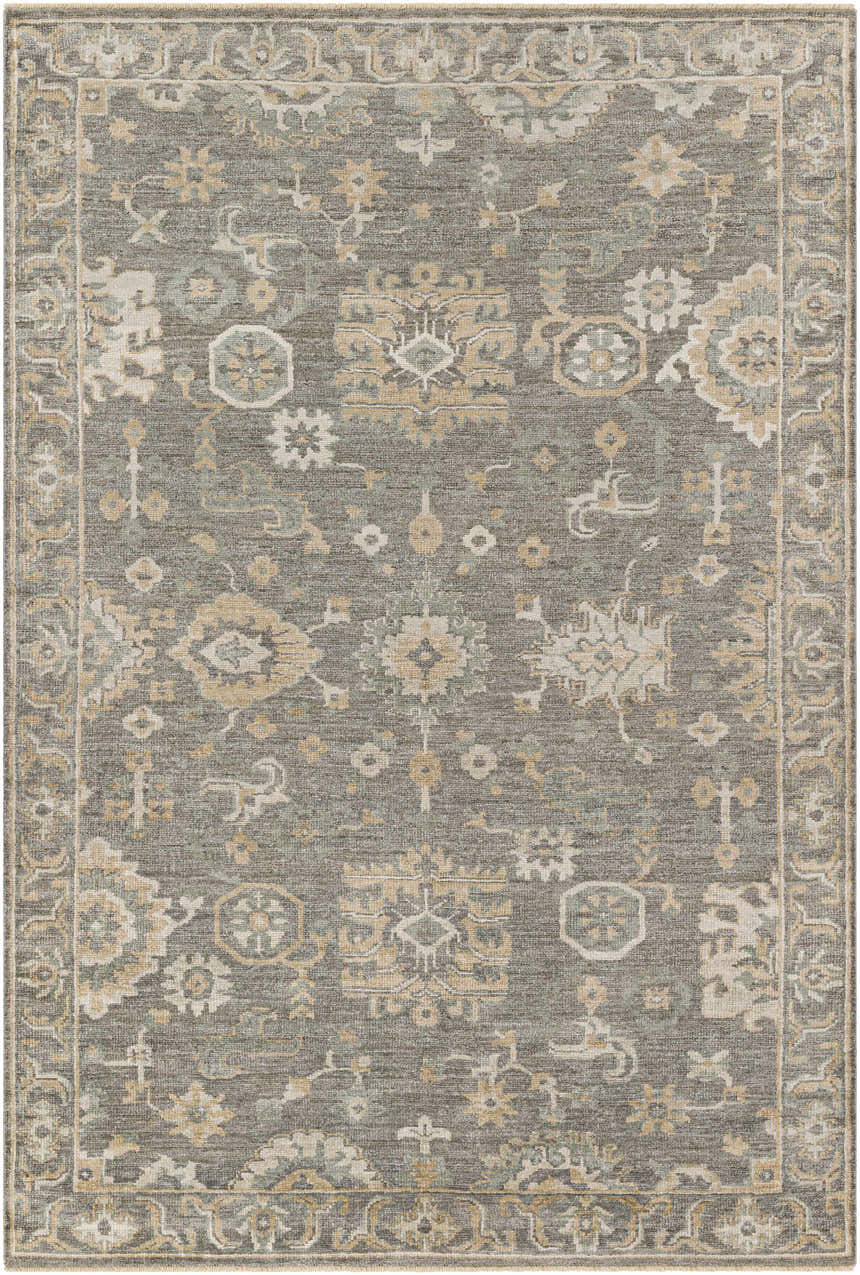 Detailed view of the Dallas Area Rug in charcoal, sage, and beige with a traditional oriental pattern. Design-Rectangle-69