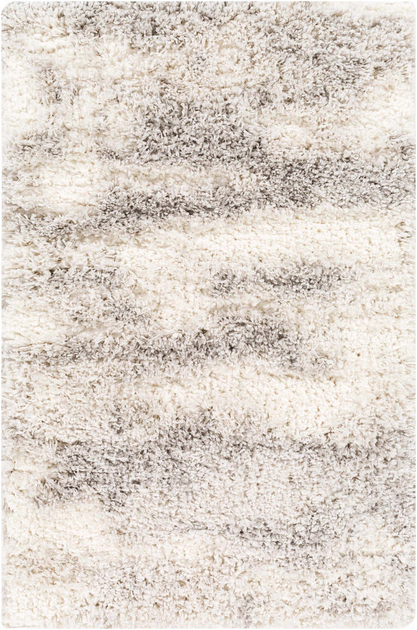 Close-up of the Dagami Area Rug. Shag rug with a horizontal striped pattern in gray, light gray, and white. Soft texture. Design-Rectangle-23