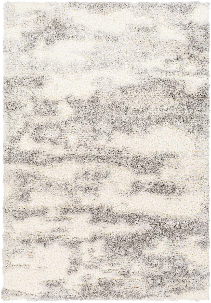 Close-up of the Dagami Area Rug. Shag rug with a contemporary design in gray, light gray, and white hues. Design-Rectangle-537