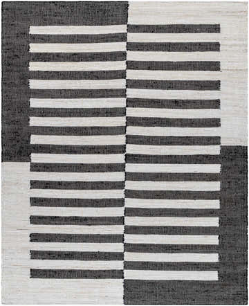 Close-up of the Soren Black&White Jute Area Rug. Hand-woven rug with a modern black and cream stripe pattern. Jute texture. Design-Rectangle-810