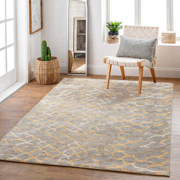 Entryway with Daisytown Area Rug. Beige, brown, gray rug with animal pattern, styled with chair, cactus, and mirror. Roomscene-Rectangle