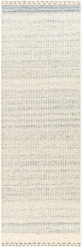 Close-up of the Dalaoig flat woven wool rug. Cream and denim stripes create a subtle pattern and soft texture. Design-Runner-268
