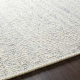 Close up of the Dalaoig Flat Woven Wool Rug. Cream and charcoal wool rug with a subtle, textured design. Texture