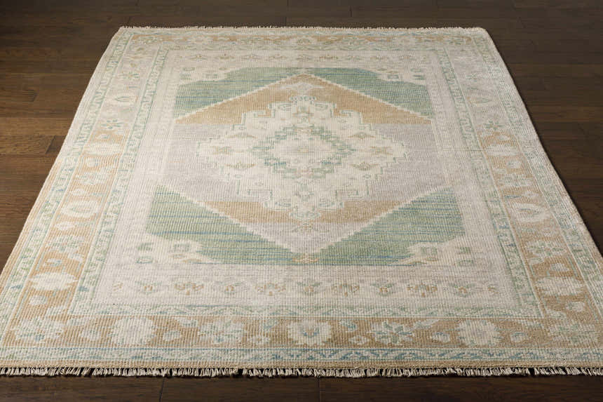 Close-up of the hand-knotted Danao Premium Rug in cream, dusty pink, ice blue, and light sage on a dark wood floor. Front