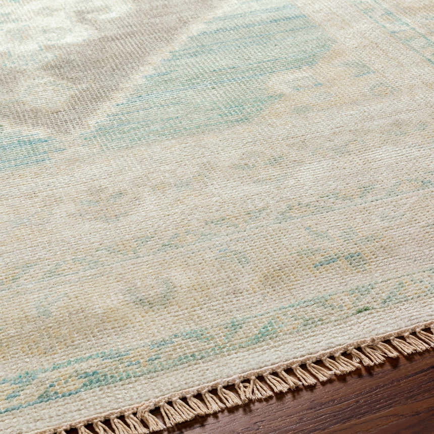 Close-up of the hand-knotted Danao Premium Rug. Cream wool rug with dusty pink, ice blue, and light gray accents. Tassel fringe detail. Texture