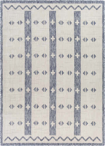 Close-up of Dapitan Indoor & Outdoor Rug with dark gray stripes and geometric diamond pattern on a light gray background. Design-Rectangle-537
