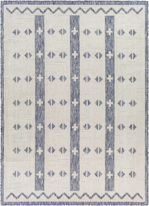 Close-up of Dapitan Indoor & Outdoor Rug with dark gray stripes and geometric diamond pattern on a light gray background. Design-Rectangle-537