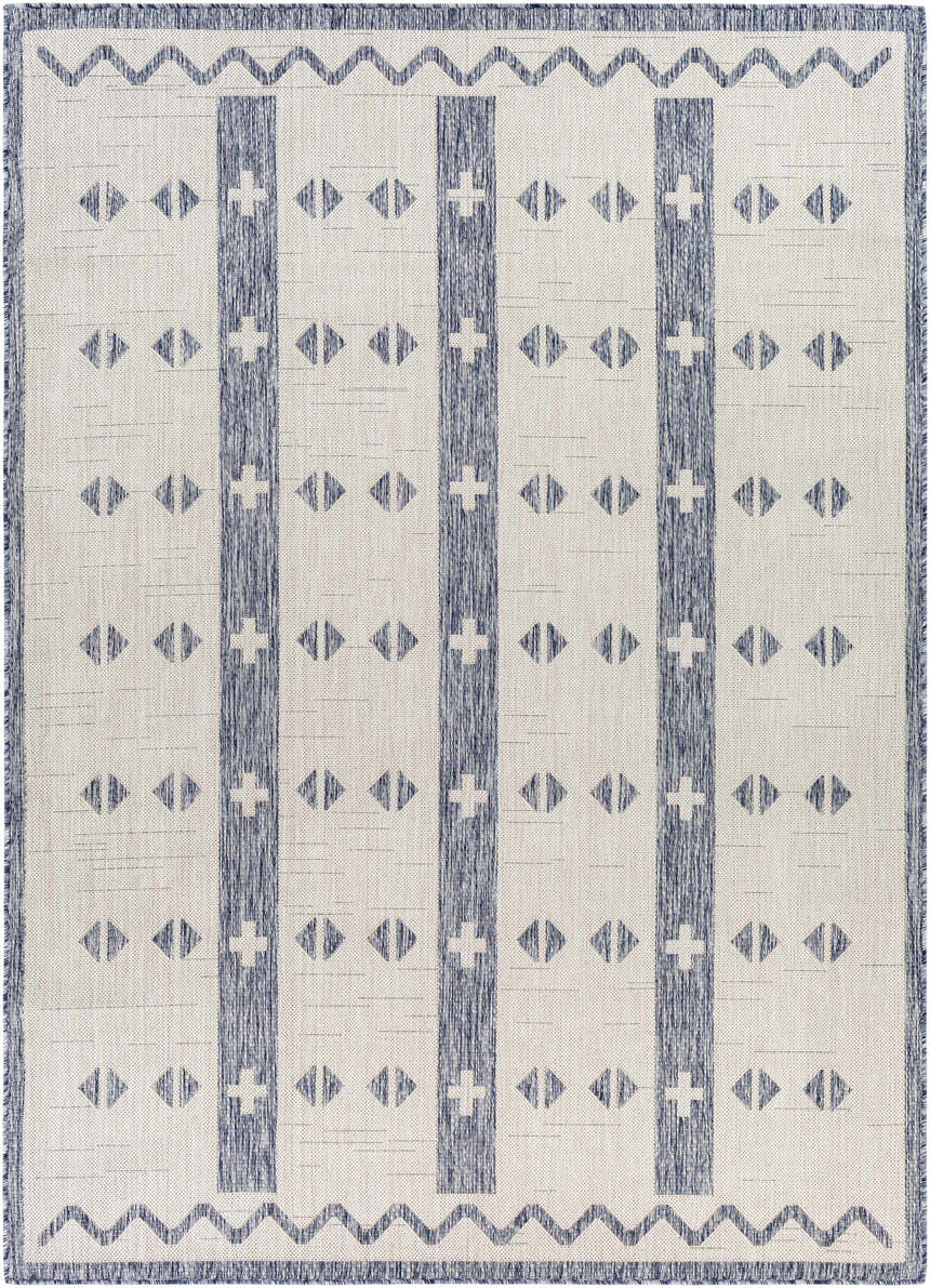Close-up of Dapitan Indoor & Outdoor Rug with dark gray stripes and geometric diamond pattern on a light gray background. Design-Rectangle-537