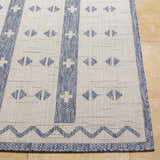 Close-up of Dapitan Indoor & Outdoor Rug. Denim blue geometric pattern on light gray woven polypropylene. Front