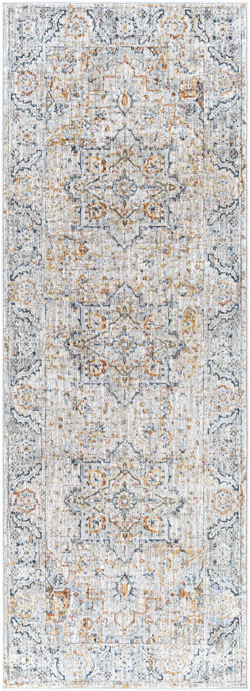 Close-up of the Darvel Luxe Rug featuring a traditional Persian-style pattern in cream, gray, and mustard tones. Design-Runner-2773