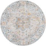 Close-up of a round Darvel Luxe Rug. Cream rug with brick red, dusty sage, gray, and mustard traditional Persian-style pattern. Design-Round-53