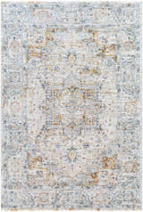 Close-up of the Darvel Luxe Rug. Machine-woven polyester rug in brick red, cream, dusty sage, gray, light gray, mustard, and teal. Design-Rectangle-575