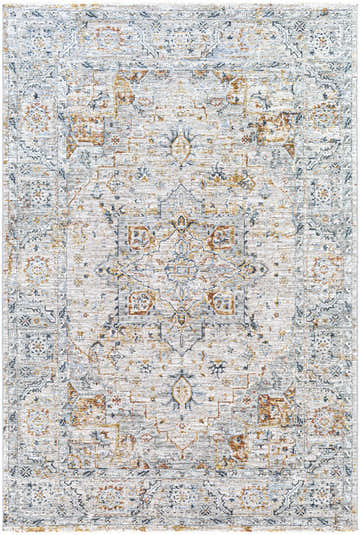 Close-up of the Darvel Luxe Rug. Machine-woven polyester rug in brick red, cream, dusty sage, gray, light gray, mustard, and teal. Design-Rectangle-575