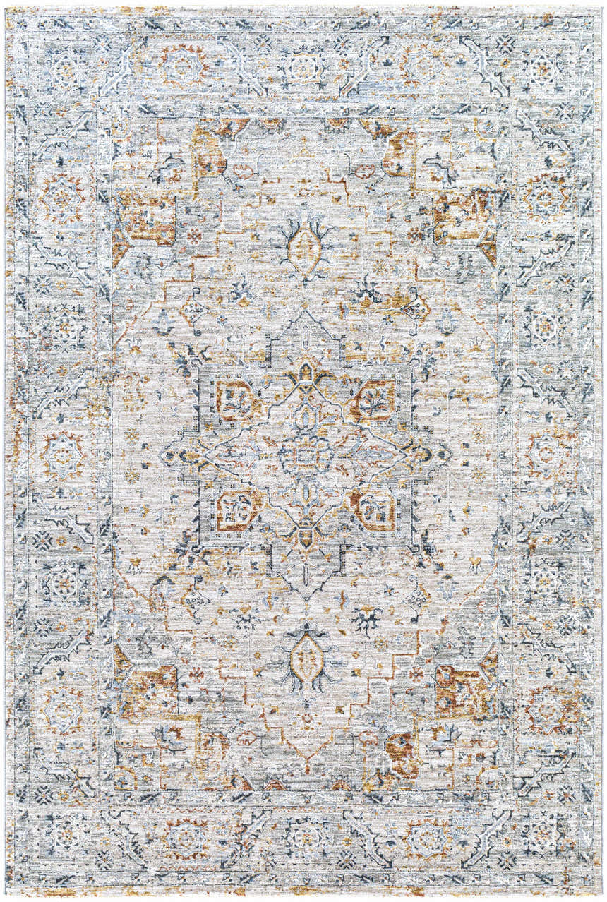 Close-up of the Darvel Luxe Rug. Machine-woven polyester rug in brick red, cream, dusty sage, gray, light gray, mustard, and teal. Design-Rectangle-575