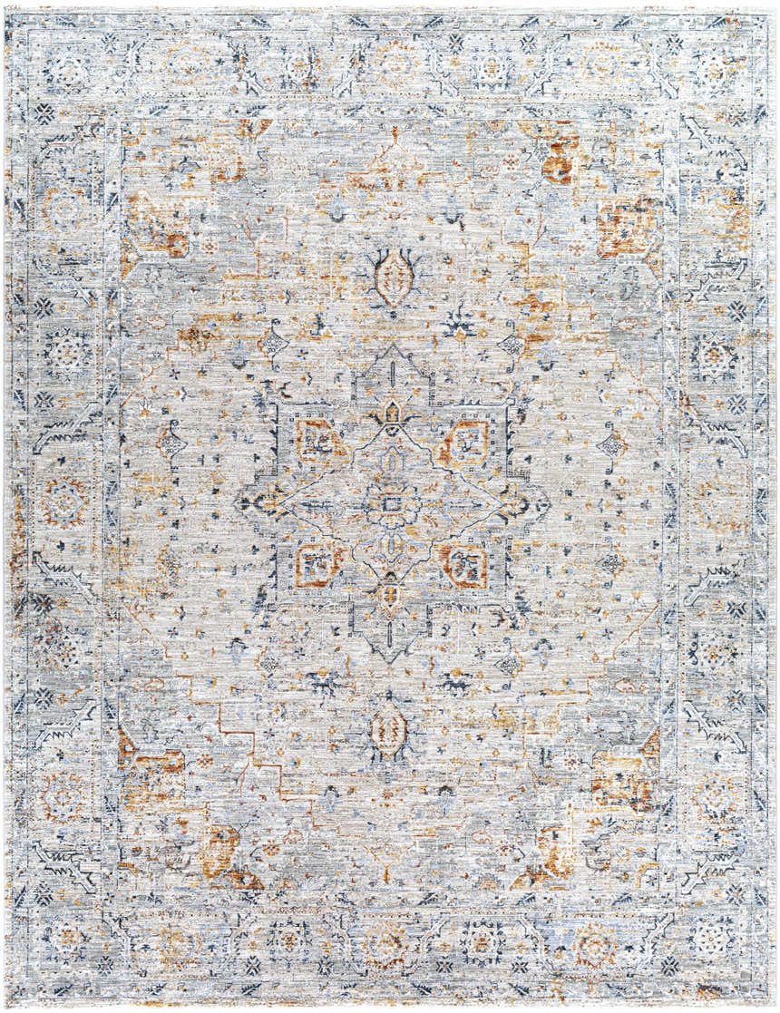 Detailed view of the Darvel Luxe Rug, a machine-woven rug with a traditional Persian-inspired design in cream, gray, and brick red tones. Design-Rectangle-710103