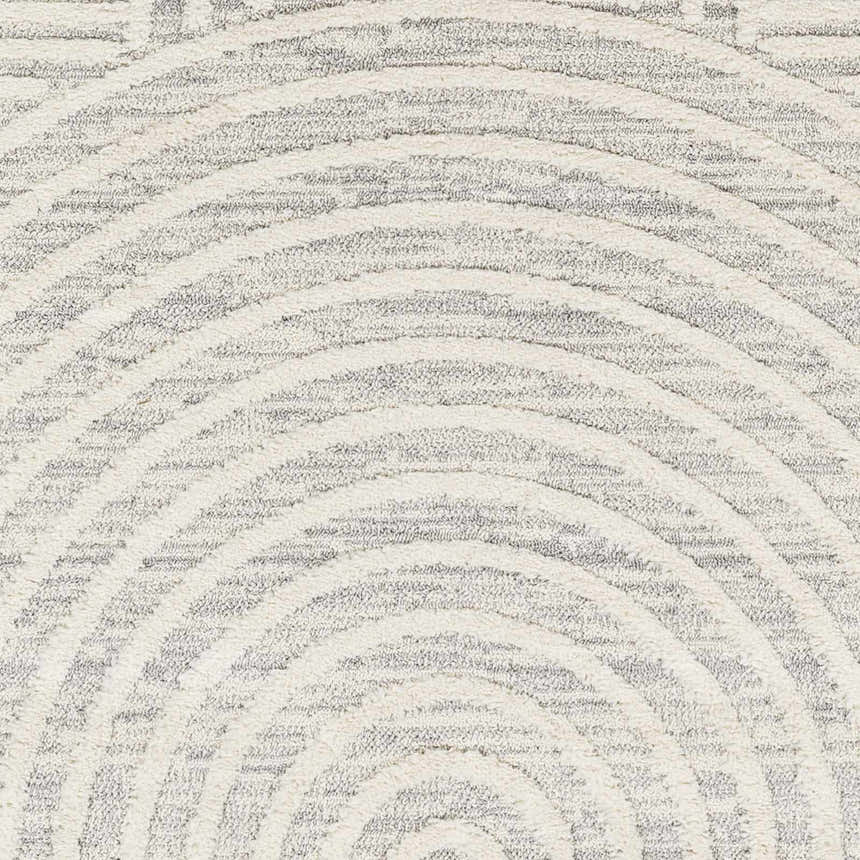 Close-up of the Dauin 3D Rainbow Area Rug. Cream and gray concentric arches create a textured, geometric pattern. Swatch