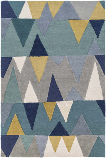Close-up of the Deatsville Wool Area Rug. Features a geometric triangle pattern in blue, gray, navy, tan, and teal. Design-Rectangle-576