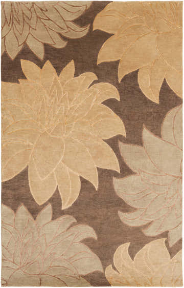 Close-up of the Defoe Area Carpet. Hand-knotted wool rug in camel, clay, and brown floral pattern. Contemporary style. Design-Rectangle-58
