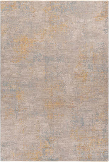 Close-up of the Deion Thick Luxe Statement Rug featuring a contemporary abstract design in tan, mustard, and gray hues. Design-Rectangle-6796