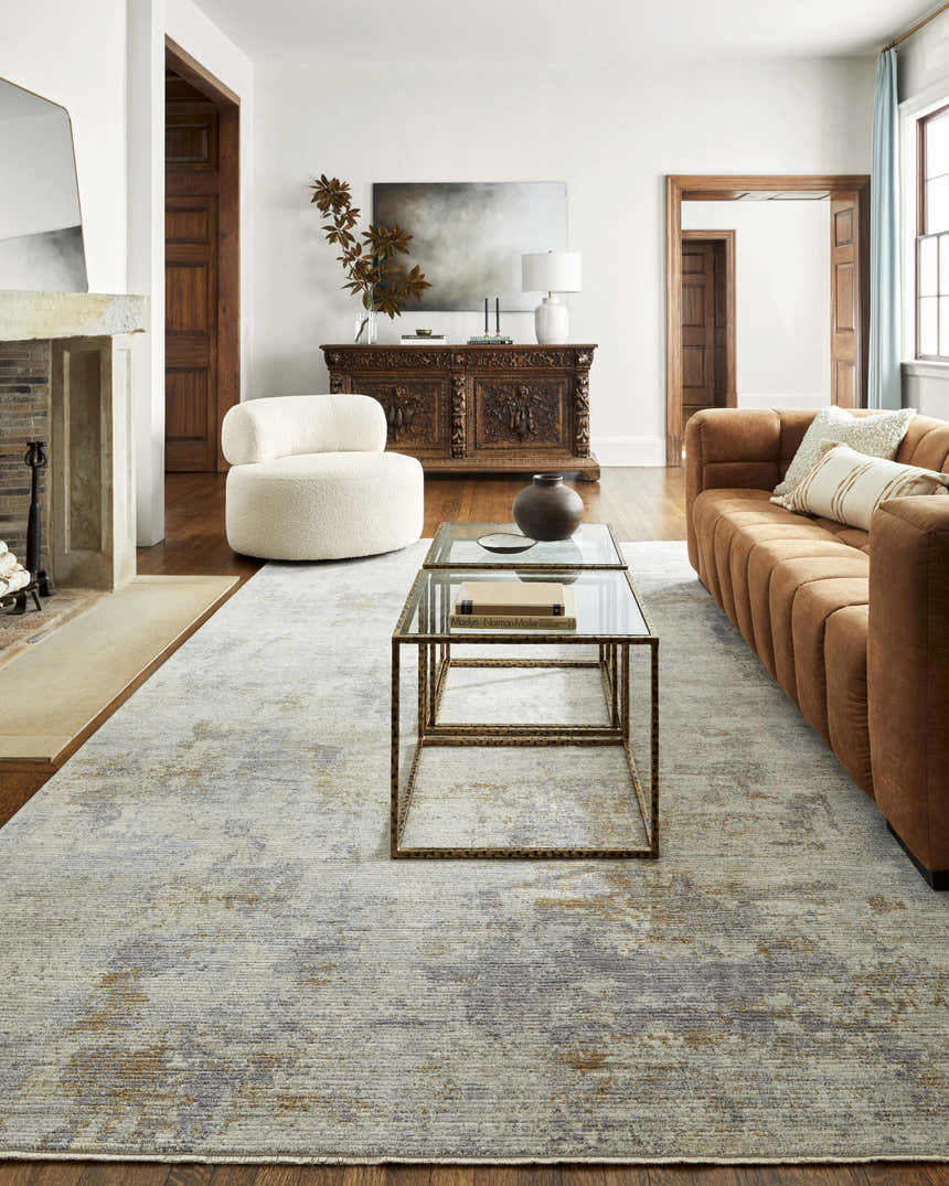 Living room scene with brown sofa and Deka Deep Teal Thick Luxe Rug. Roomscene-Rectangle