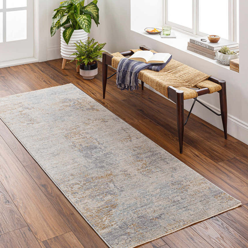 Entryway with Deka Deep Teal rug runner, wood floors, woven bench, and natural light. Plants add a fresh, modern touch. Roomscene-Runner