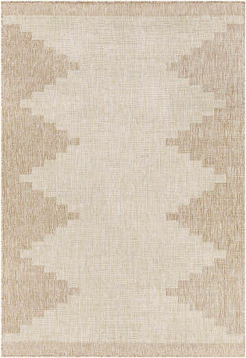Close-up of the Djugun Beige Indoor & Outdoor Rug. Features a geometric, Southwestern-inspired design in beige and bone hues. Design-Rectangle-5377