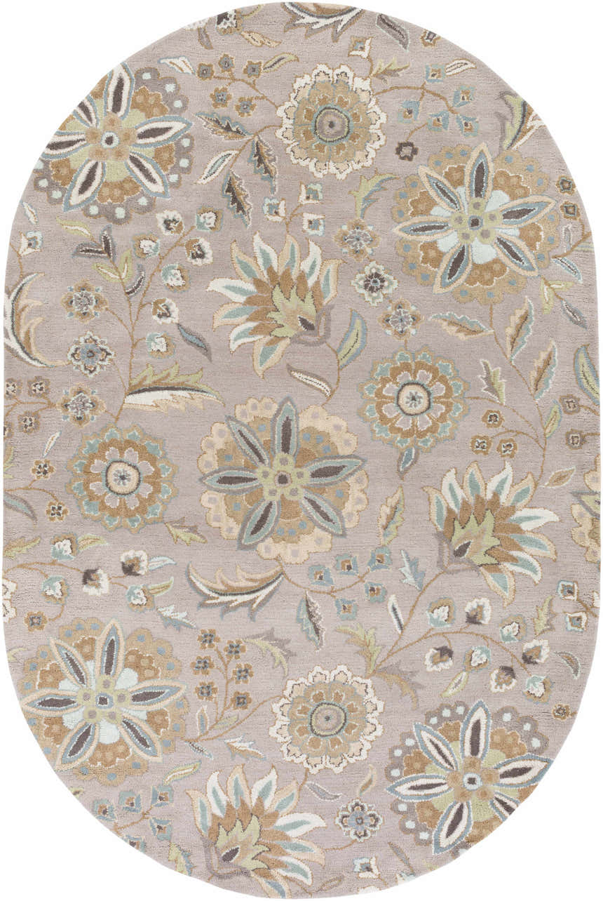 Oval Denio Area Rug with a taupe background and a floral pattern in brown, sage, and sky blue. Design-Oval-69