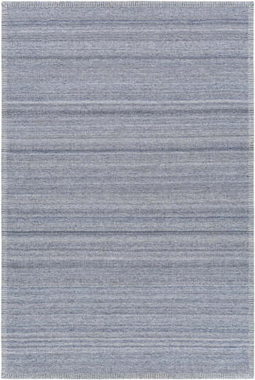 Close-up of the hand woven Dernancourt Area Rug. Cream, denim, and light blue stripes create a contemporary pattern. Design-Rectangle-576