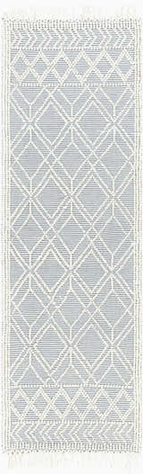 Close-up of Ramsbury Denim Blue Wool Rug. Geometric diamond pattern in denim blue and ivory with fringed edges. Hand woven texture. Design-Runner-268