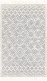 Close-up of Ramsbury Denim Blue Wool Rug, featuring a geometric diamond pattern in denim and ivory with fringe. Design-Rectangle-576