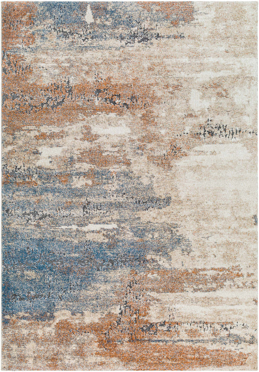 Close-up of the Deven Area Rug; a contemporary design in camel, charcoal, clay, and light gray. Machine woven texture. Design-Rectangle-5373