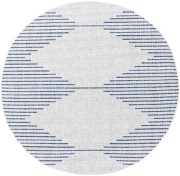 Close-up of the round Stephan Blue & Cream Outdoor Rug featuring a contemporary blue striped pattern on an off-white background. Design-Round-67